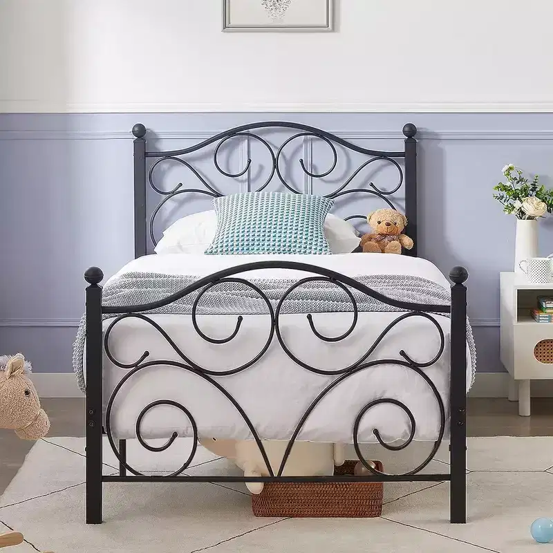 Metal Scroll Bed Frame with Upholstered Headboard & Footboard, 700 lb Capacity