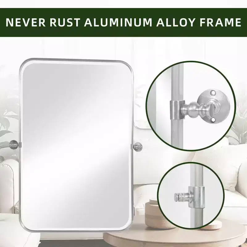 36 x 24 Iron Rectangle Silver Pivot Wall Mirror Tilting Bathroom Vanity Mirror Metal Framed Adjustable Two-way mirror for Bedroom Living Room