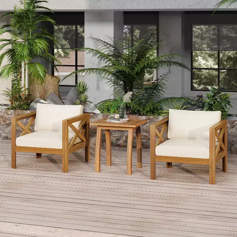 Christopher Knight Home Callum Transitional 3 Piece Patio Acacia Wood Club Chairs with Rectangle Accent Table