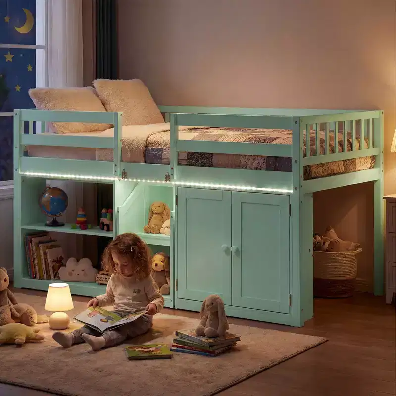 Twin Low Loft Bed with LED Light, Stairs & Guardrails, Modern Pine Wood Kids Bed, White/Mint/Gray