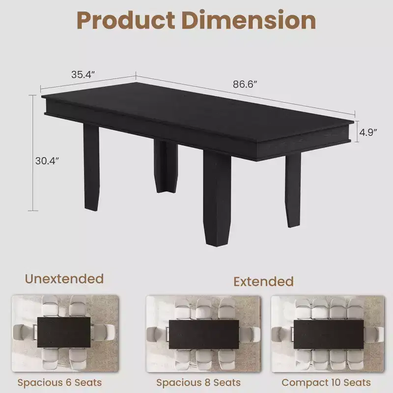 63 in-86.6 in Sturdy Wooden Frame Extendable Dining Table for 6-10 People - Easy Assembly for Kitchen & Dining Room, Chairs Not Included