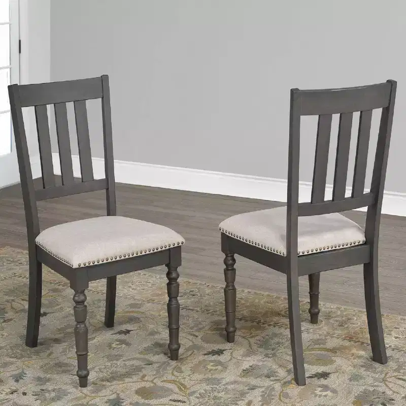 Set of 2 Upholstered Dining Chairs, Slat-Back, Nail-Head Trim & Carved Legs, Beige