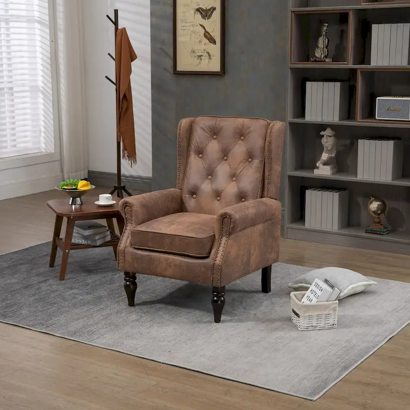 Upholstered PU Leather Accent Chair,Mid Century Button Tufted High Back Arm Chair with Armrest and Solid Wood Legs
