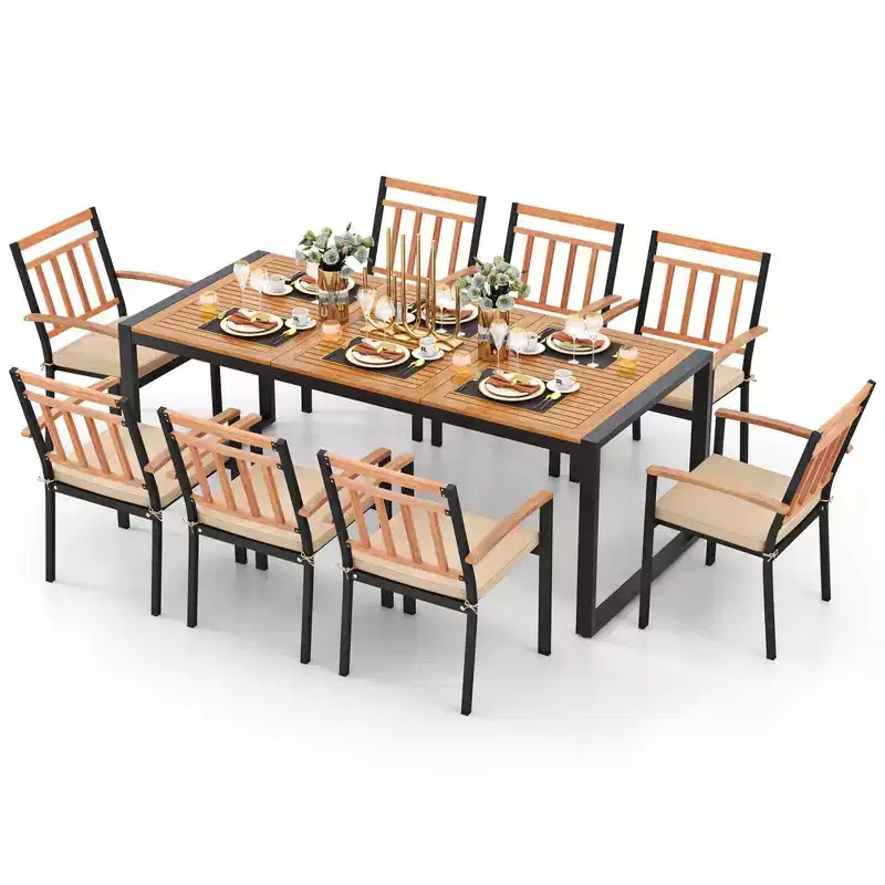 Costway 9 Pieces Patio Dining Set with Soft Cushions and 1.9 Umbrella Hole for Garden