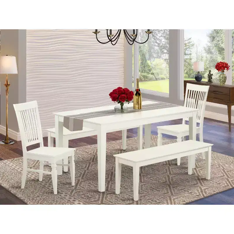 HomeStock Belmont 5 Piece dining for 6-Dining room table and 2 Chairs and 2 Benches in Linen White