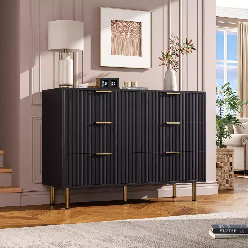 Fluted 6 Drawer Dresser for Bedroom, 47.2 Wide Modern Chest of Drawers with Deep Drawers, Large Double Dresser TV Stand, Wooden Organizer