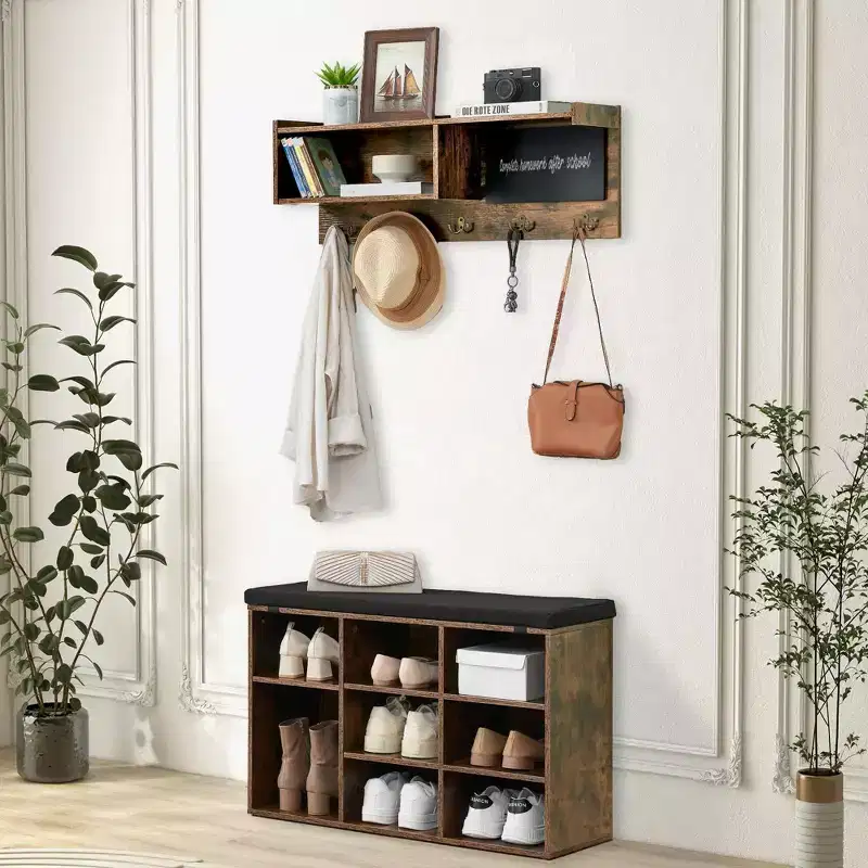 Hall Tree, Wall-Mounted Coat Rack and Shoe Bench with 5 Hooks, Industrial Style Entryway Storage Coat Rack, Shoe Cabinet with Hallway Storage