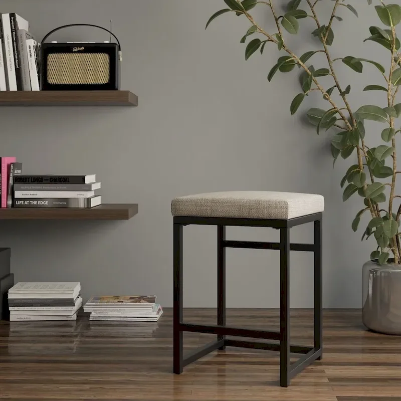 Backless Industrial Metal Counter Stool, 24in Seat Height, Textured Weave Fabric, Black Finish