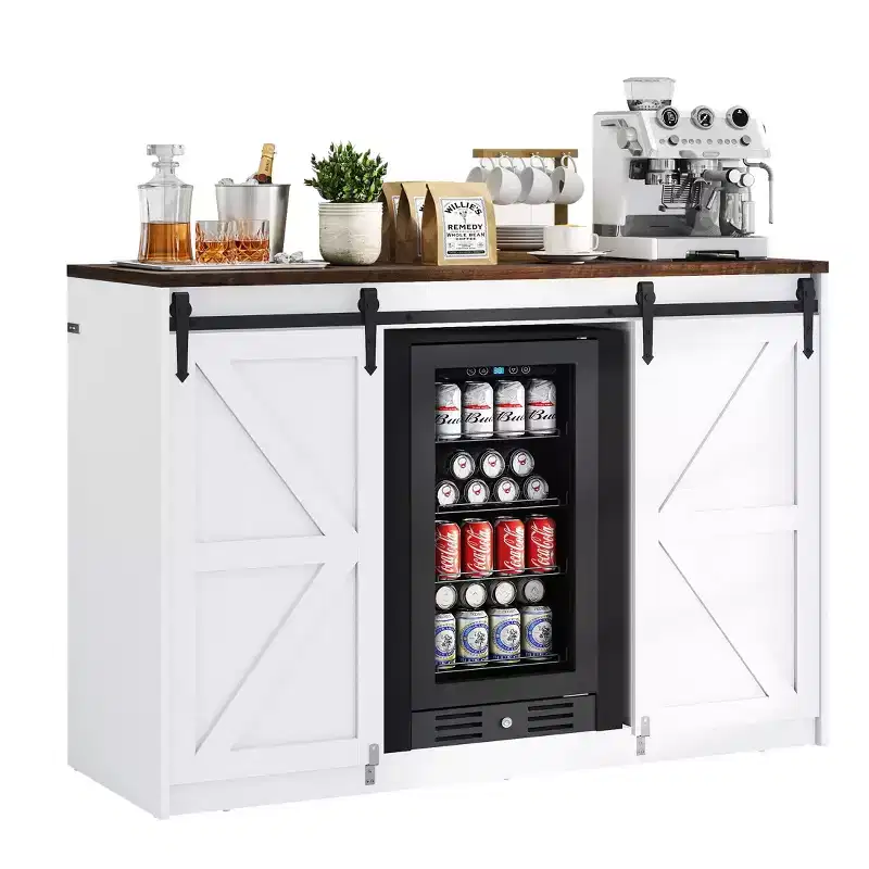 Skyzoo Mini Fridge Cabinet with Built-In Fridge Space, Farmhouse Coffee Bar Cabinet with Outlet, Mini Bar for Home