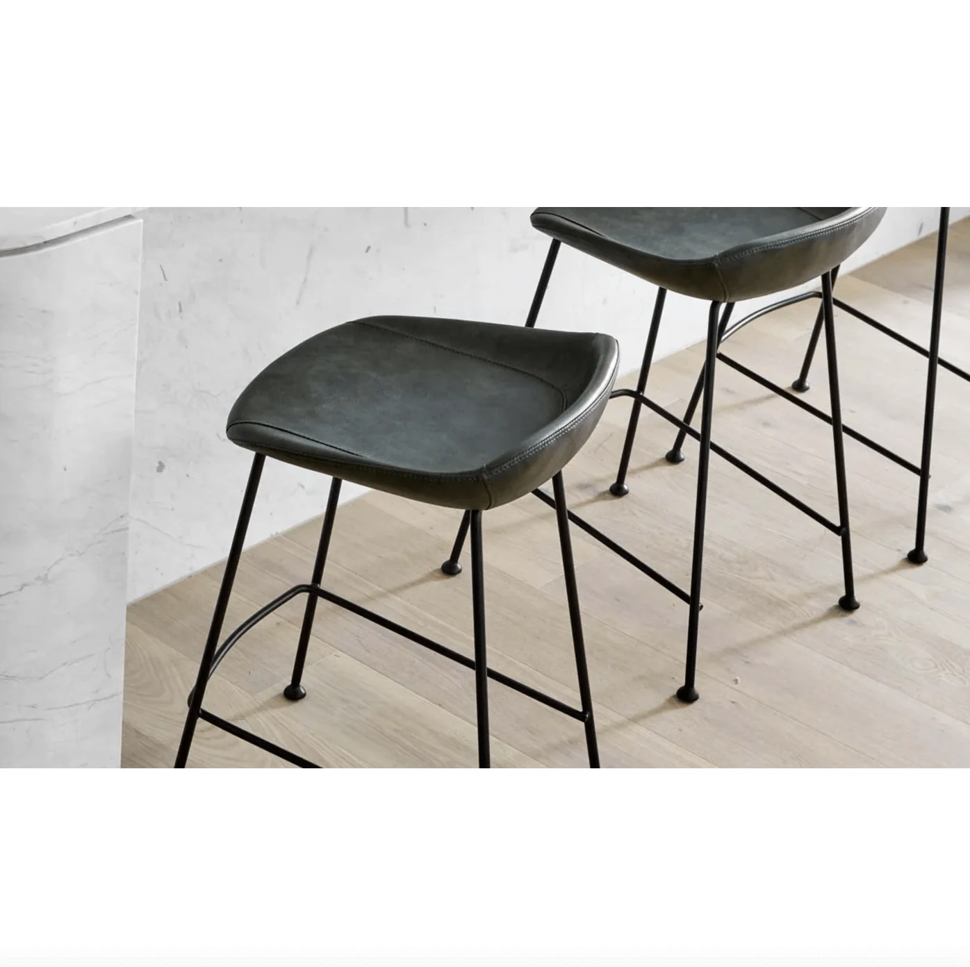 Mid-Century Vintage green Leather Barstool with Curved Back for Kitchen