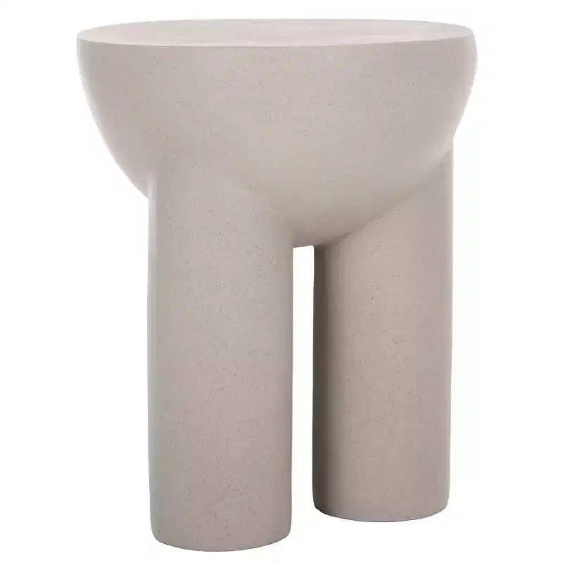 Round Sculptural Drum Accent Table, Grey Plaster-Like Finish, 19.5