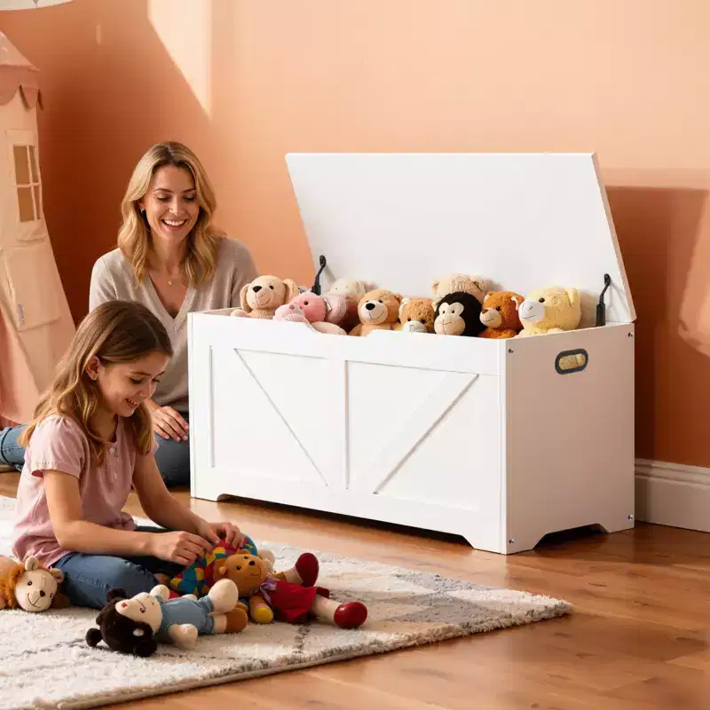 White Kids Storage Bench with Lid – 1-Seat Wooden Toy Box for Playroom