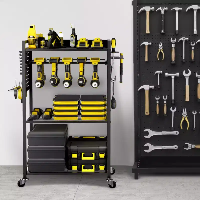 4-Tier Rolling Tool Organizer Cart – Steel, 150 lb Capacity, Drill Holder, Black