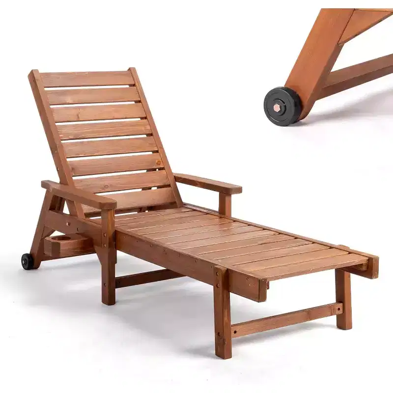 VINGLI Wooden Outdoor Chaise Lounge Chair with Adjustable Backrest, Beach&Pool Chaise Lounge with Cup Holder & Wheels