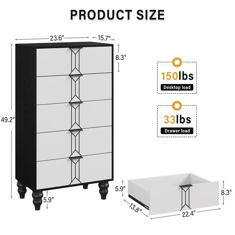 Whizmax Modern Wooden 5 Drawer Dresser with Vintage Pattern Design, Tall Dresser with Deep Drawers for Bedroom and Living Room, Black and White