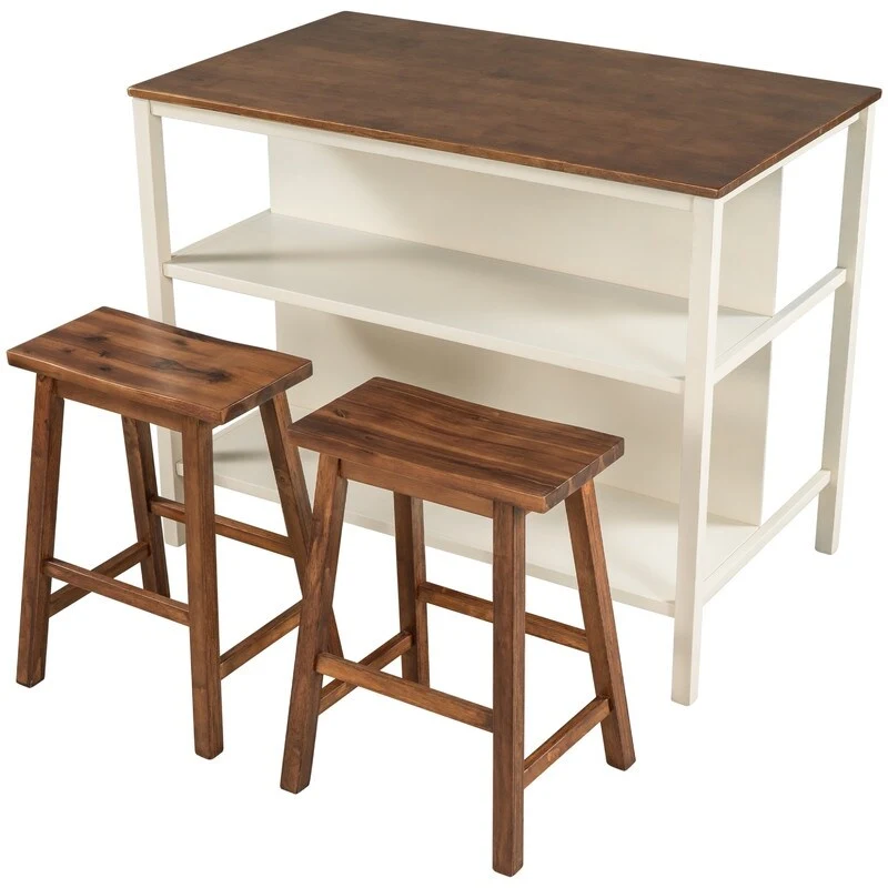 Rustic 3-Piece Solid Wood Kitchen Island Set  45 Stationary Butcher Block Table With Two Seating Stools & Dual Open Shelves.