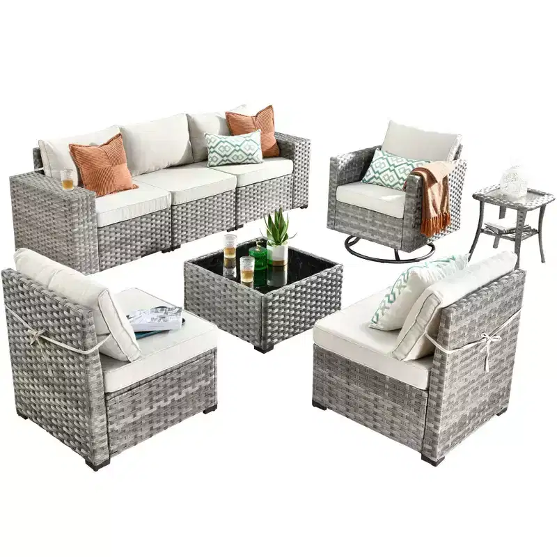 Marlton 8pc Wicker Outdoor Patio Furniture Set Conversation Sofa Sectional with a Swivel Chair and Cushions