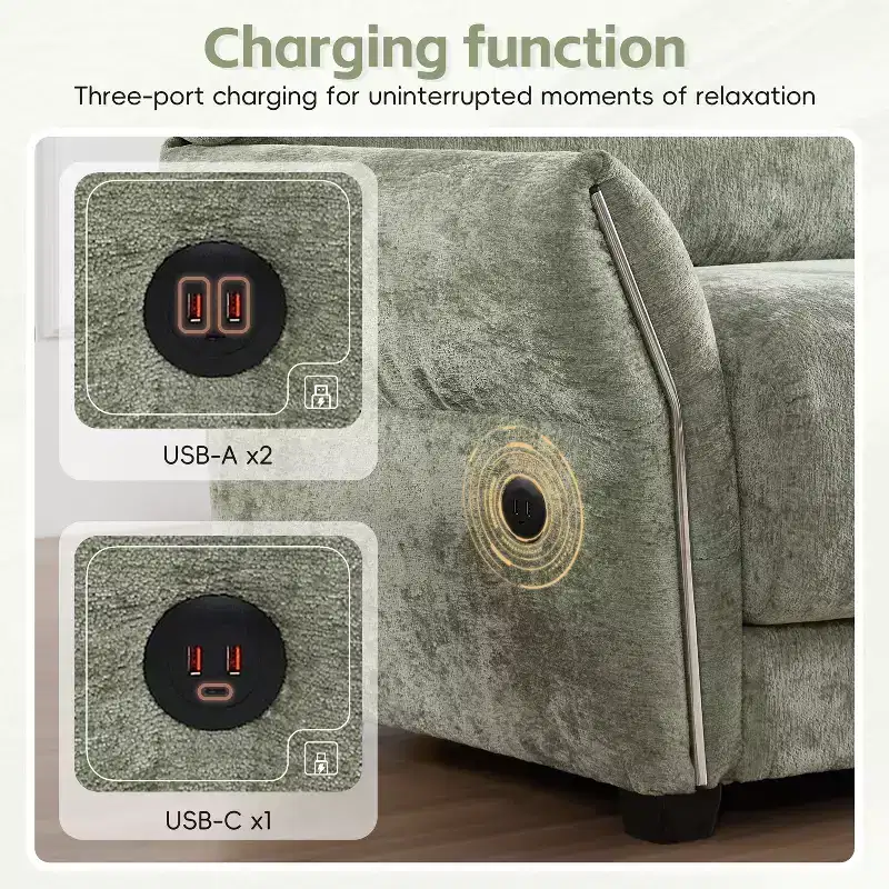 L-Shaped Sectional Sofa Set with Ottoman, 3-Seat Chenille Couch with Extra-Wide Seat and USB, 110