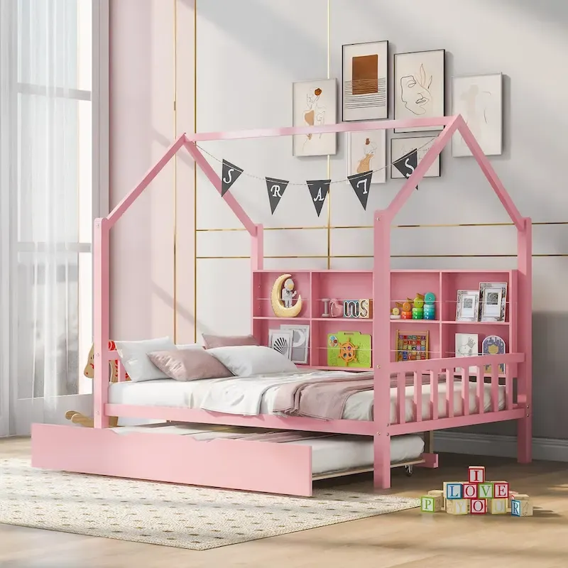 Full Solid Wood House Day Bed with Trundle
