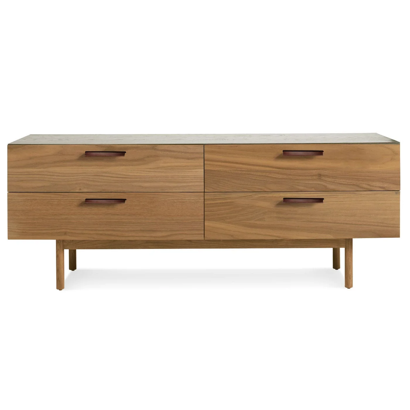 Warm Dark Wood Dresser with Leather Pulls & Steel Base for Living Room