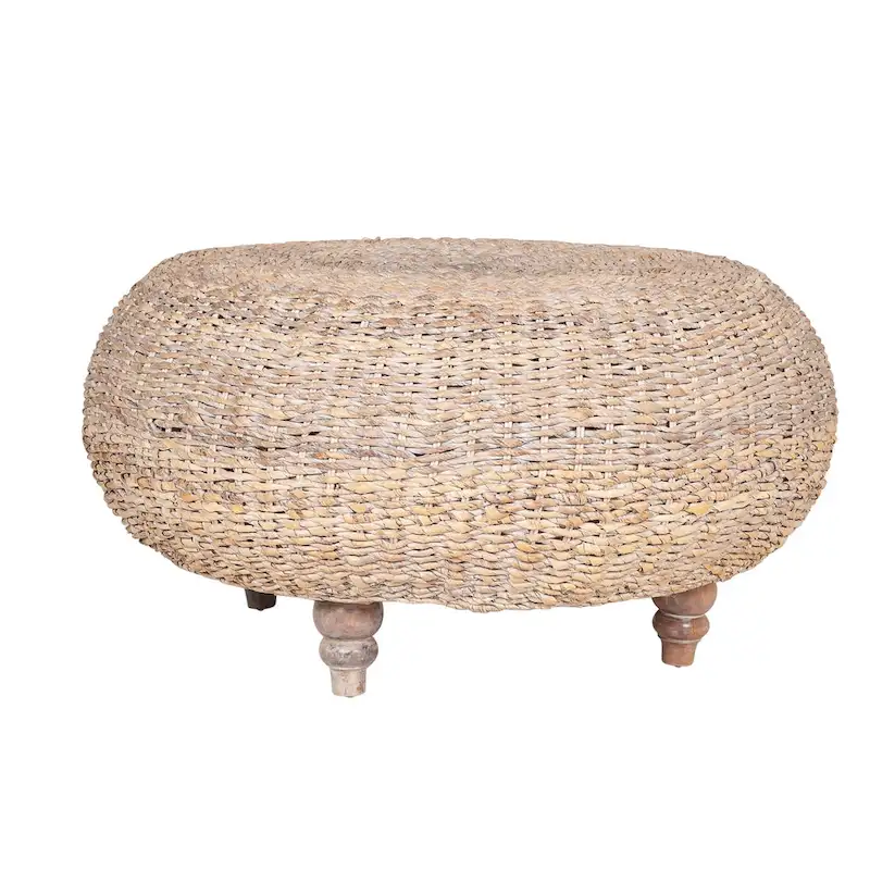 Natural Whitewashed Abaca Round Coffee Table Ottoman by East at Main