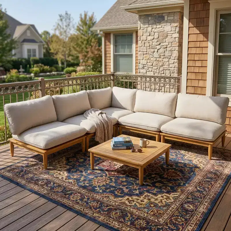 Christopher Knight Home Sacova Outdoor Acacia Wood V Shape Seating Set, Teak Finish Frame with Beige Cushion