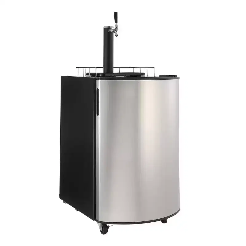 Taste the Perfect Beer with Beer Kegerator: Single Tap Draft Beer Dispenser, Stainless Steel, Drip Tray, CO Tank, Lockable Wheels