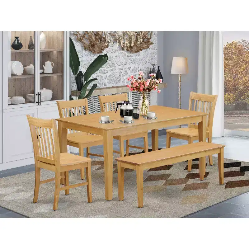 HomeStock Belmont Dining Room Set With Bench- Dining Table And 4 Chairs And Bench, Oak