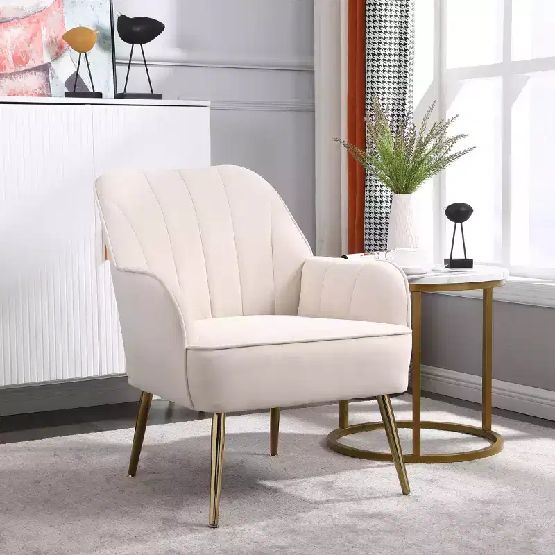 Mid-Century Velvet Accent Armchair with Golden Wood Legs