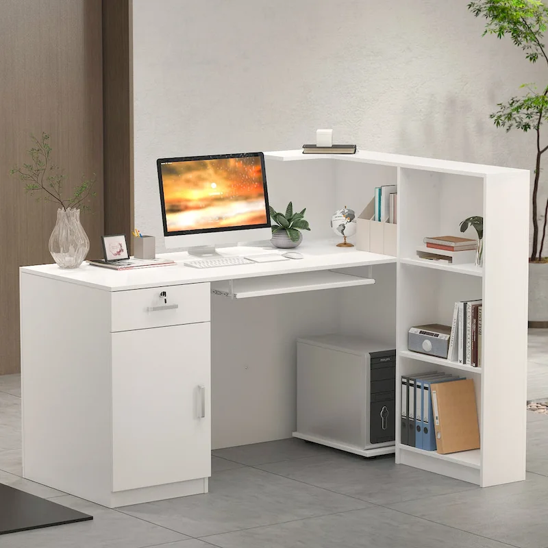 Timechee 55.1W LShape Wood Reception Desk Computer Desk Keyboard Tray