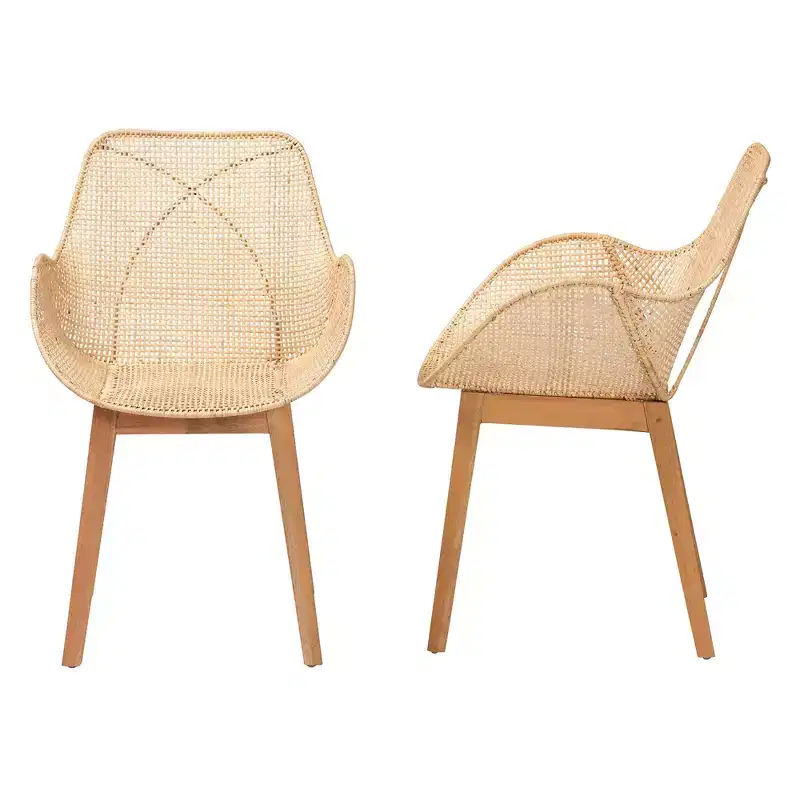 Japandi Mahogany Wood Rattan Dining Chair Set of 2 High Back Armrest Woven Seat 250 lbs