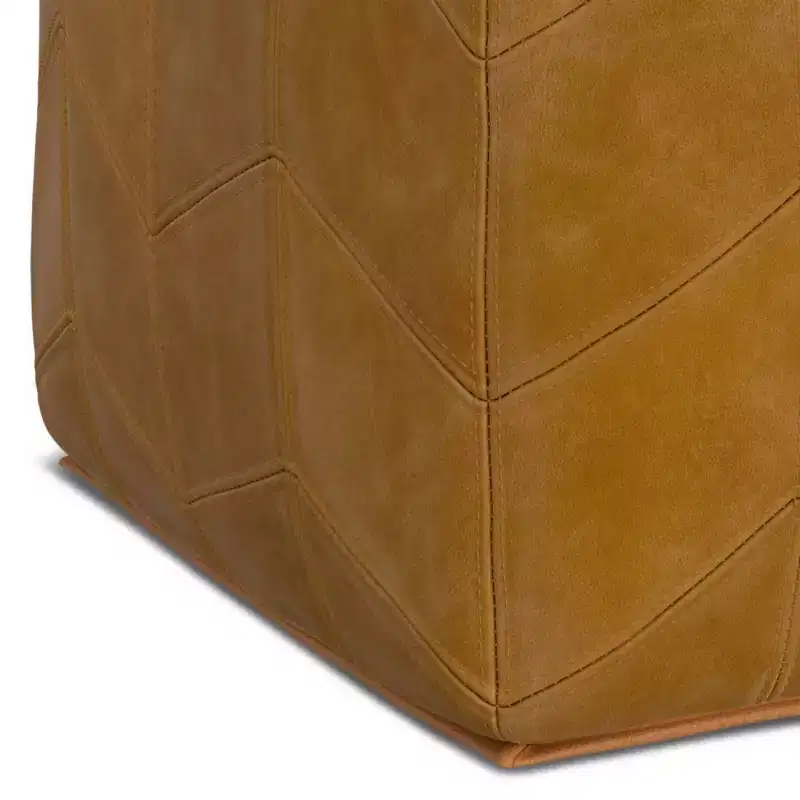Square Pouf Brown: Chevron Genuine Leather, No Assembly, Padded Seating