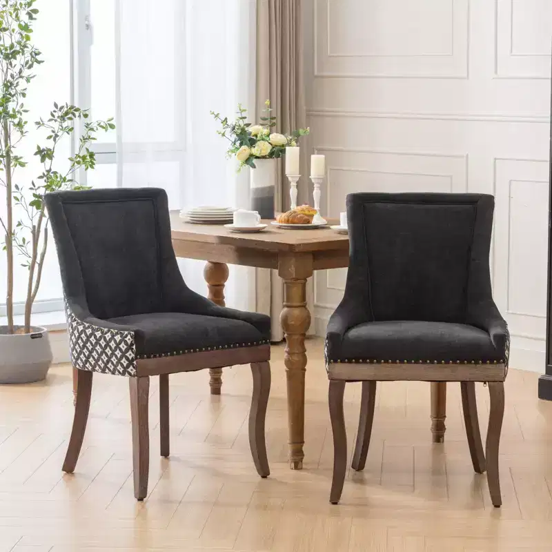 Okak Retro Dining Chairs Set of 2, Comfy Fabric Chairs with Thick Cushions, Kitchen Side Chairs with Solid Wood Legs Bronze Nail Head