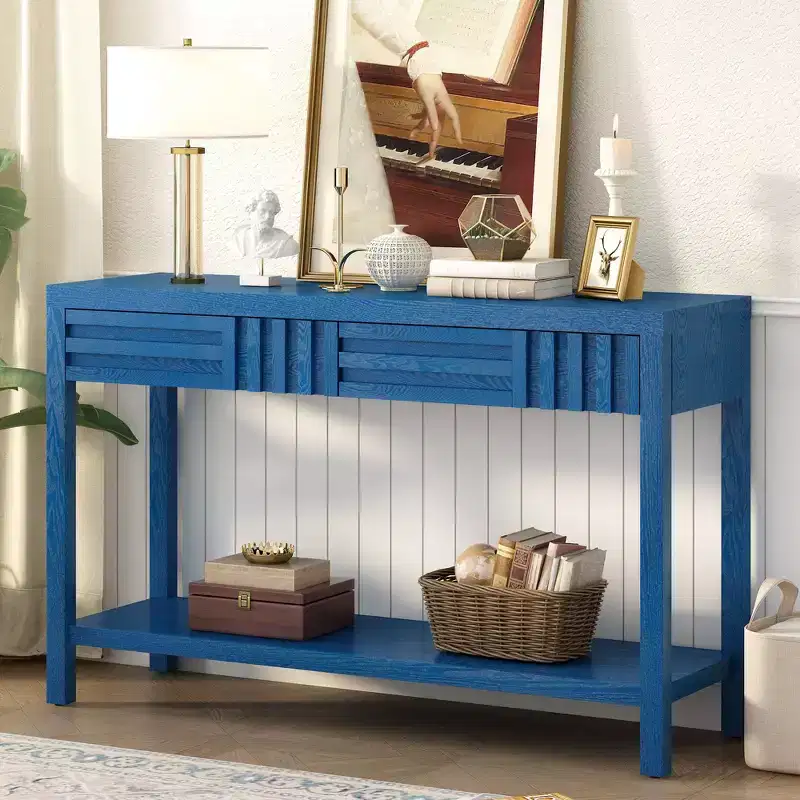 Okak 51.3IN Modern Console Table with Ash Veneer and Striped Design, Entryway Table with 2 Drawers, Hallway Table for Living Room, Foyer, Navy Blue