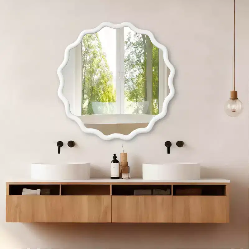 PexFix 36 Wavy Round Solid Wood Frame Decorative Mirror Modern Farmhouse Wall Mirror For Bedroom Bathroom Living Room Entryway White