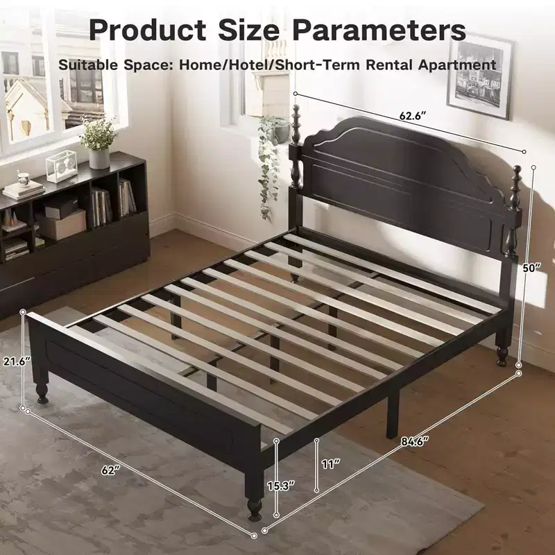 Queen Wooden Platform Bed Frame with Headboard & 11