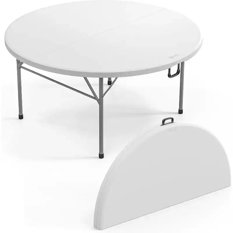 VINGLI White 5 FT Round Bi-Folding Commercial Table, 60 inch Portable Plastic Dining Card Table for Kitchen Party Wedding Event, 1-Pack