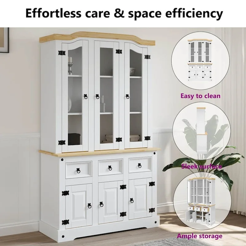 Highboard, 44.1x17x77.2 Inches, White and Natural Finish Top