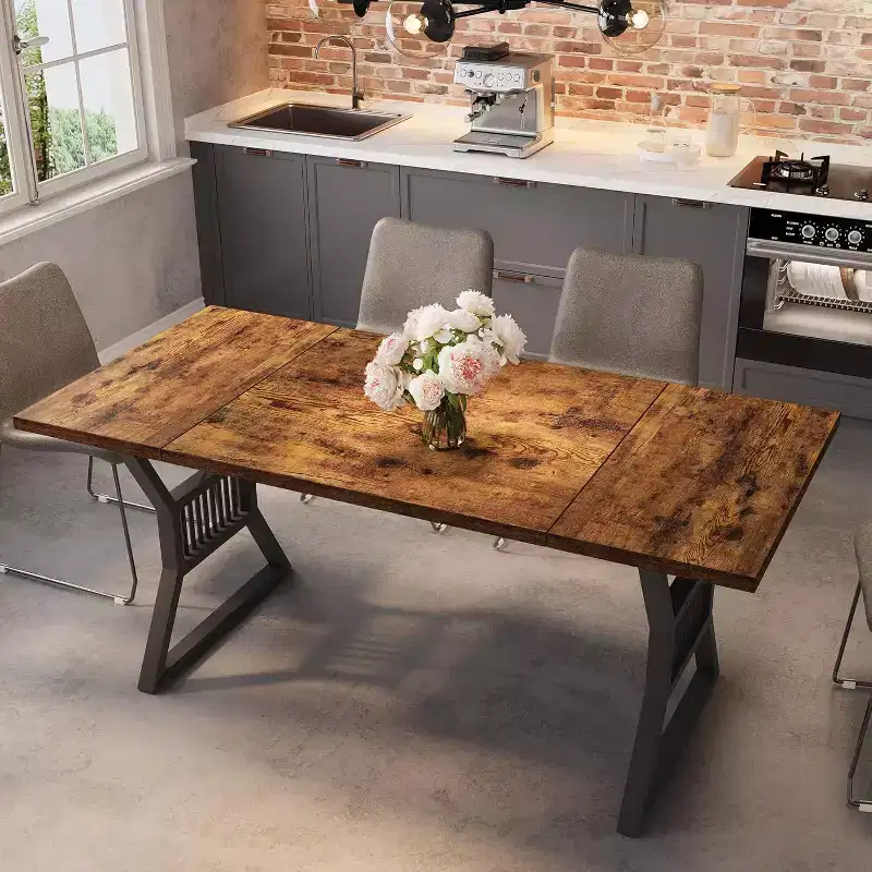 Large Dining Table for 6-8, Industrial Wooden Kitchen Table with Sturdy Metal Legs, Rectangular Long Dinner Table for Kitchen, Dining Room