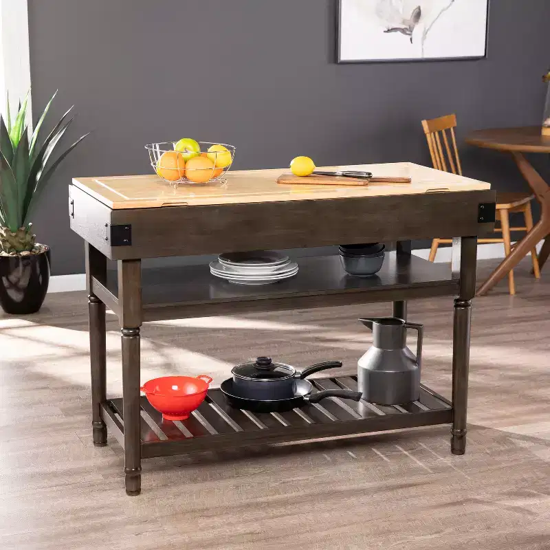 Rubberwood Kitchen Island with Butcher Block Top and Open Shelves, 35