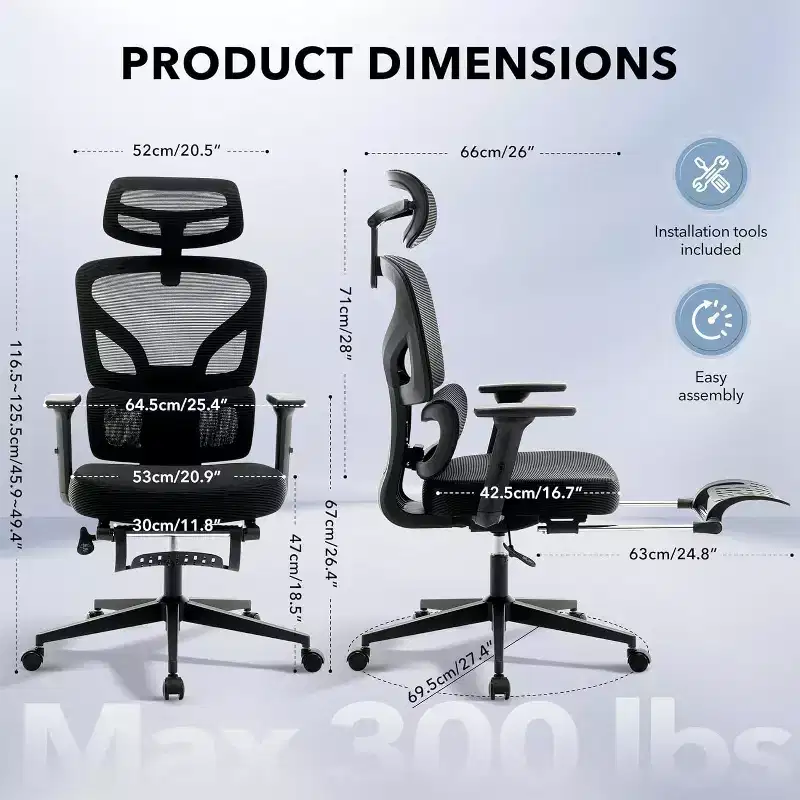 Ergonomic Office Chair with Adjustable Footrest Lumbar Support, High-Back Home Office Desk Chair, Mesh Gaming Chair with 3D Armrests, Headrest