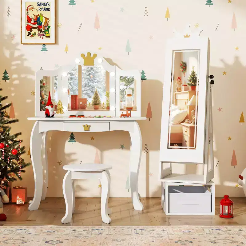 Kids Swivel Jewelry Cabinet with Lights & Full-Length Mirror