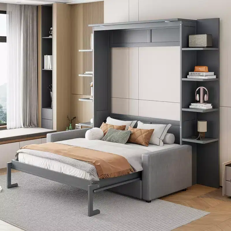 Queen Murphy Bed Wall Bed with Sofa, Queen Size Cabinet Bed Folding Wall Bed with Bookshelf and Shelves for Guest Room Office
