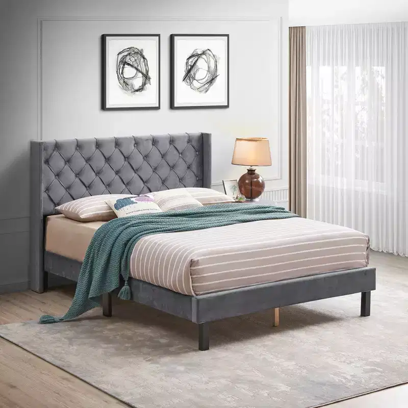 Queen Size Velvet Button Tufted Upholstered Platform Bed, Gray - ModernLuxe
