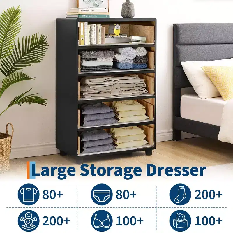 5 Drawers Dresser, 46 Tall Modern Chest of Drawers with Natural Texture, Curved Profile Design, Dresser TV Stand