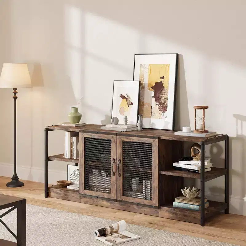 Farm TV Stand for 65/75 inches TVs, Entertainment Center with Storage Cabinet and Mesh Doors, Industrial TV Media Console Cabinet Table