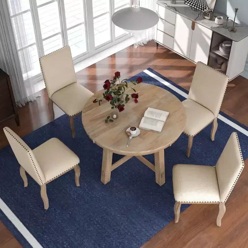 Whisen 5-Piece Farmhouse Dining Table Set with Extendable Dining Table and 4 Upholstered Dining Chairs