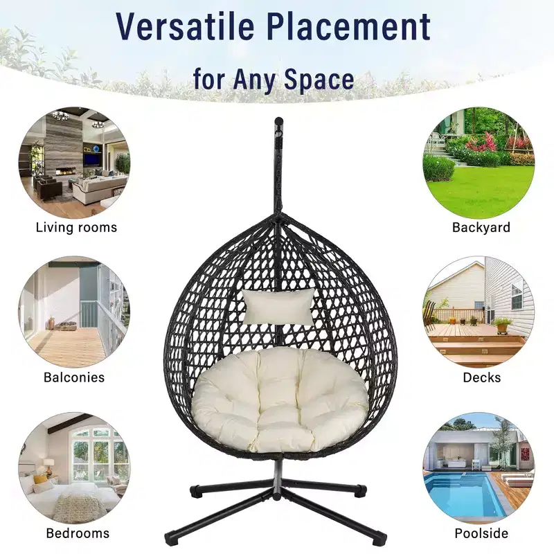 GDFStudio Anderson Hanging Egg Rattan Chair with Stand and Soft Removable Cushion
