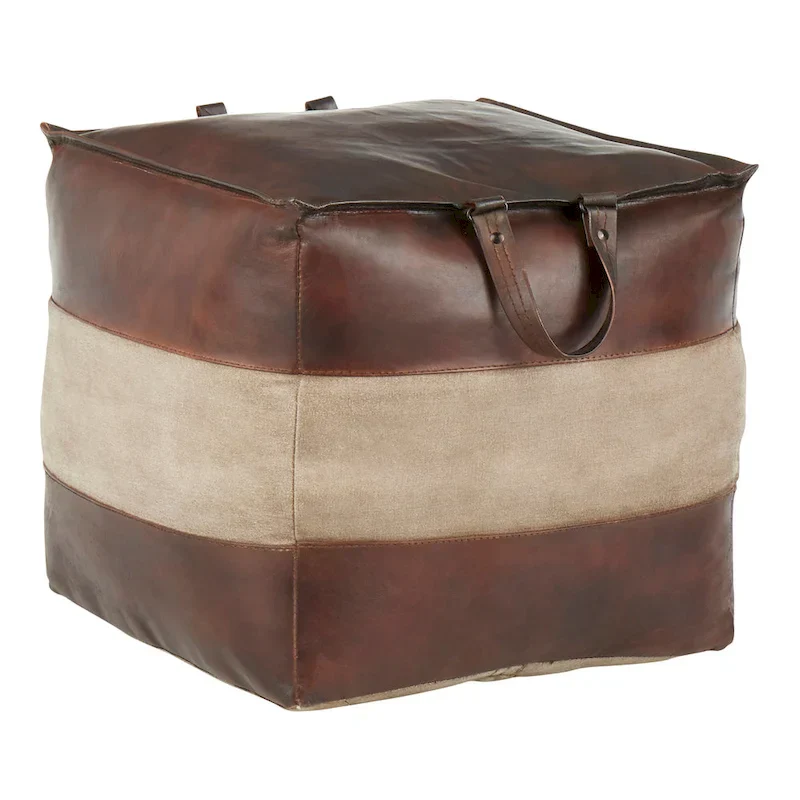 Leather & Canvas Pouf Ottoman – Brown/Tan, Black/Grey, Espresso/Tan – 1 Person