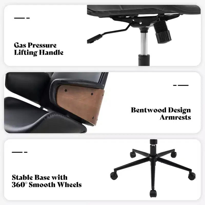 Office Chair with Wheels, PU Leather Swivel Desk Chair, Bentwood Arms, Height Adjustable